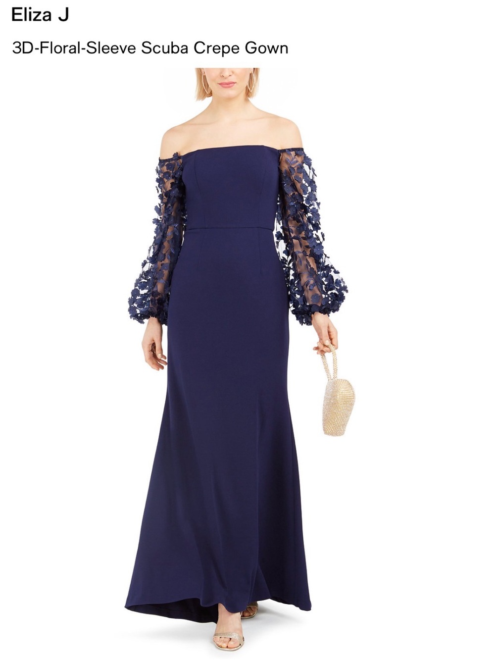 Eliza J Navy Off-the-Shoulder Gown with 3D Floral Sheer Sleeves
